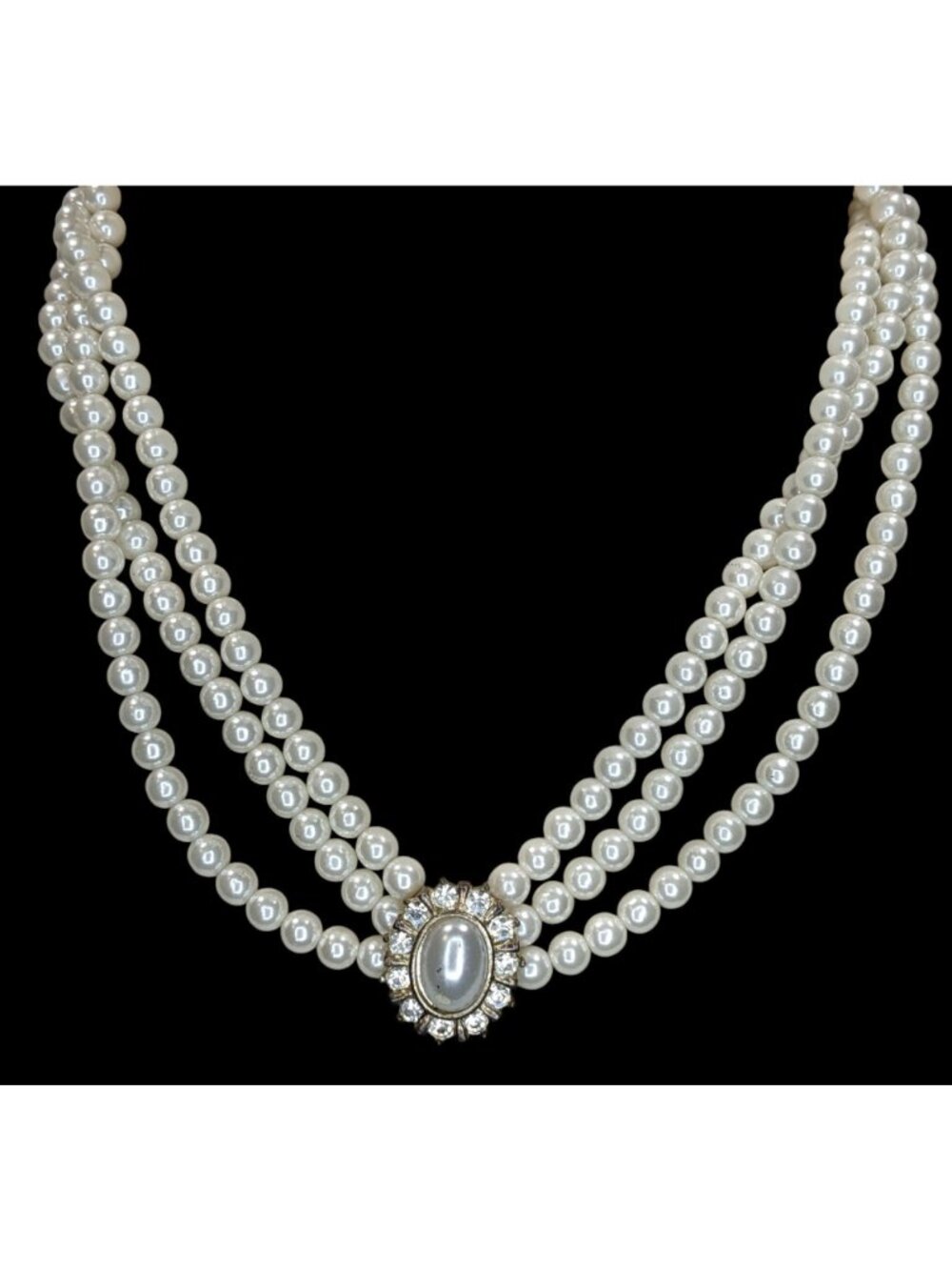 Vintage Faux Pearl Necklace Bracelet Set Rhinestone Victorian Elegance Jewelry - Picture 8 of 14